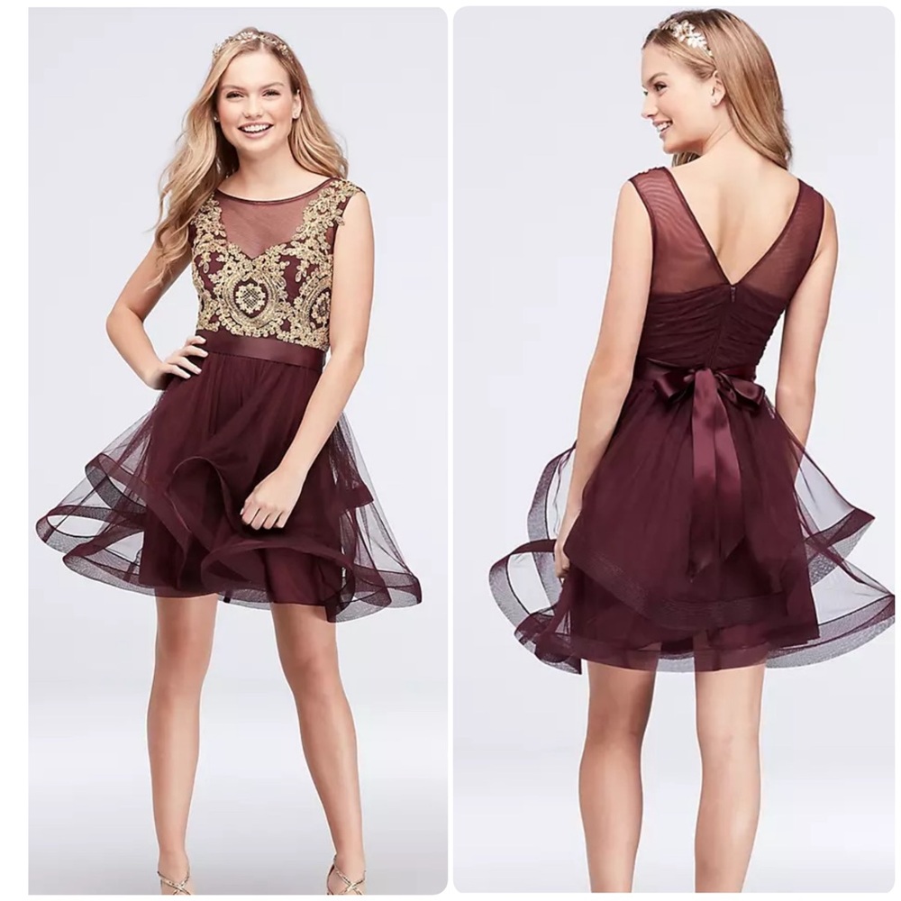 Jodi Kristopher Mesh Fit-and-Flare Dress with Gold Applique Bodice.